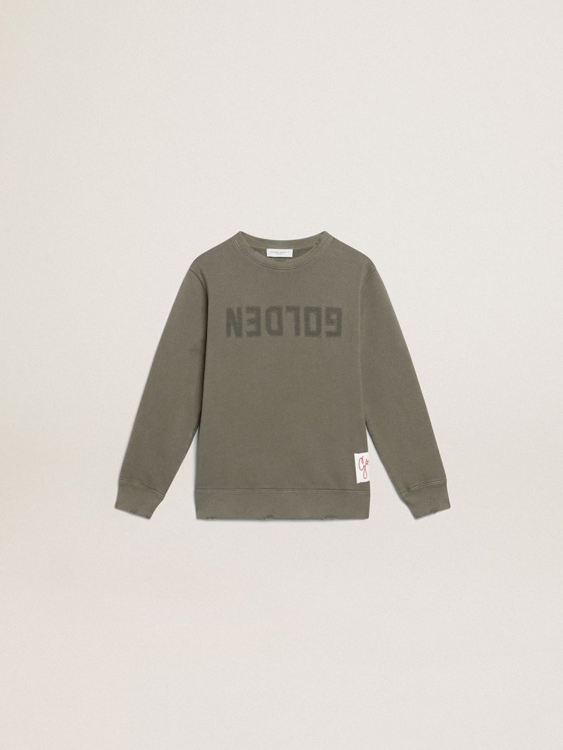 Distressed olive-green sweatshirt with Golden lettering on the front