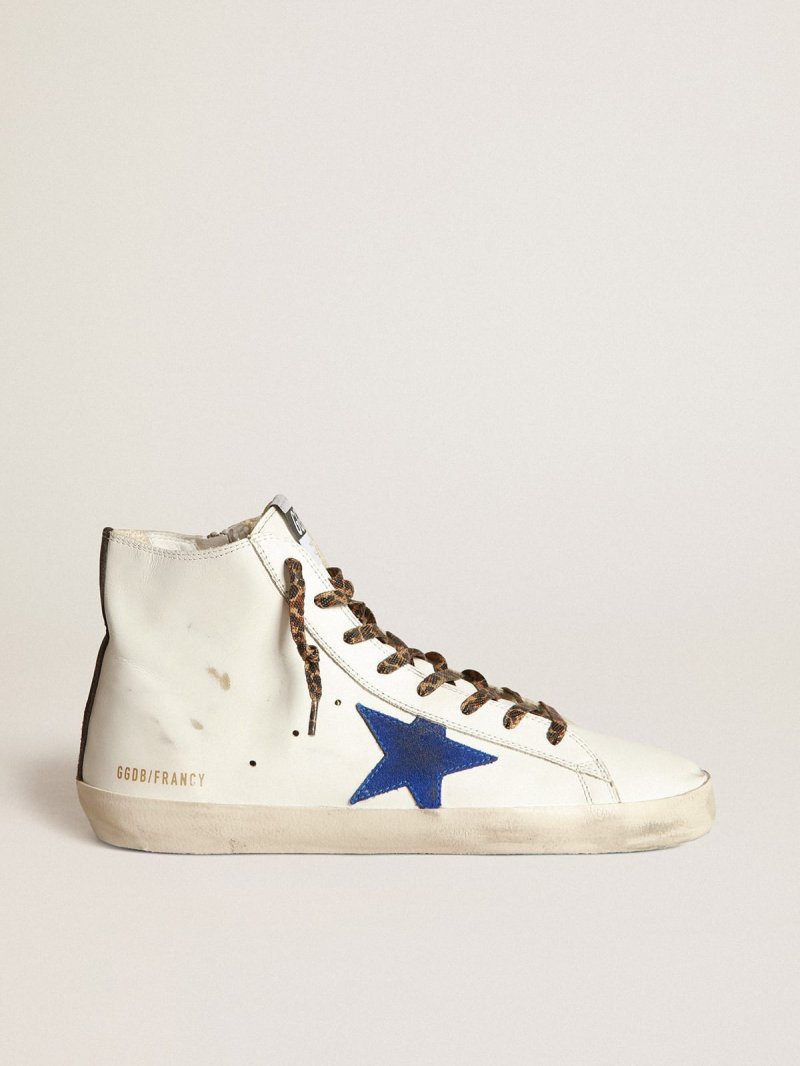 White Francy sneakers with blue star and leopard-print laces