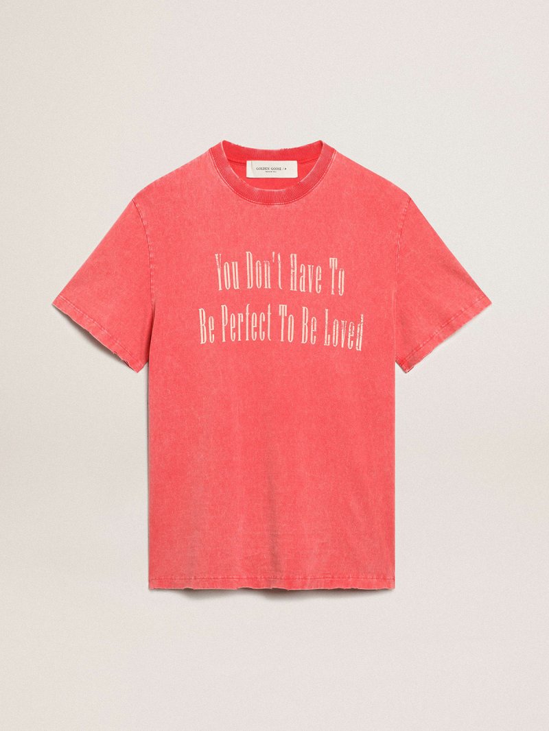 Red T-shirt with ecru printed lettering