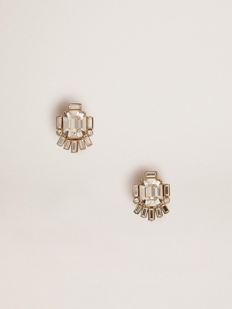 Stud earrings in old gold color with decorative crystals
