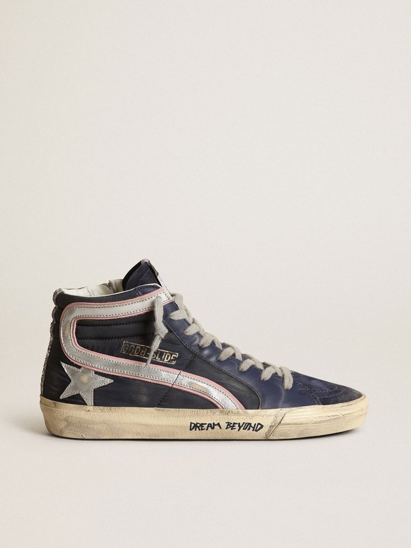 Slide LTD sneakers in blue nylon with silver metallic leather star and flash