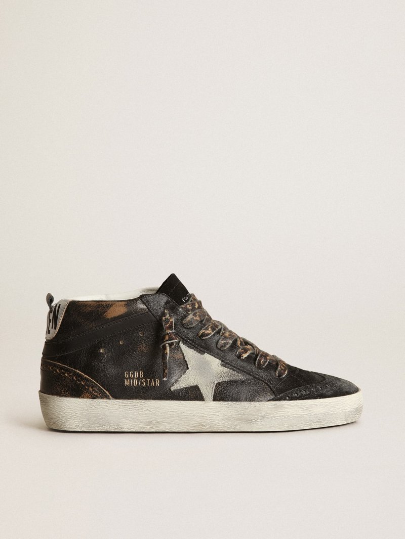 Mid Star sneakers in glossy black leather with ice-gray suede star and black leather flash