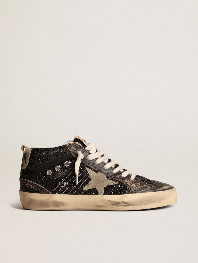 Mid Star in black glitter with dove-gray suede star and heel tab