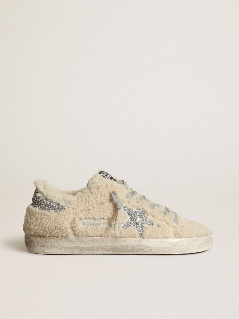 Super-Star sneakers in beige shearling with silver glitter star and heel tab