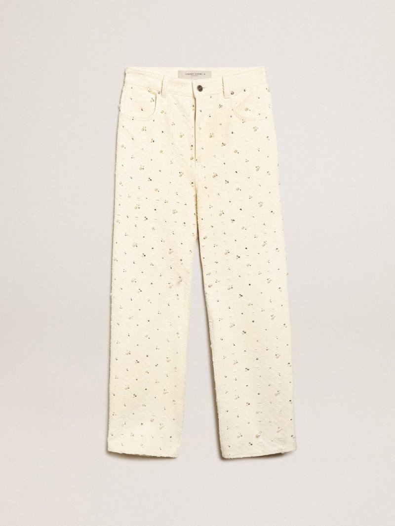 Journey Collection Kim jeans in off-white cotton with diamond patterns and the addition of beads and crystals