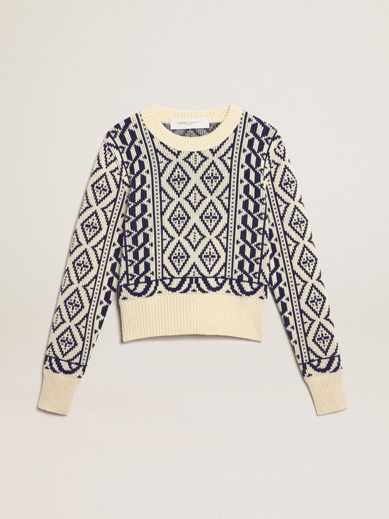 Cropped round-neck sweater with parchment and blue geometric pattern