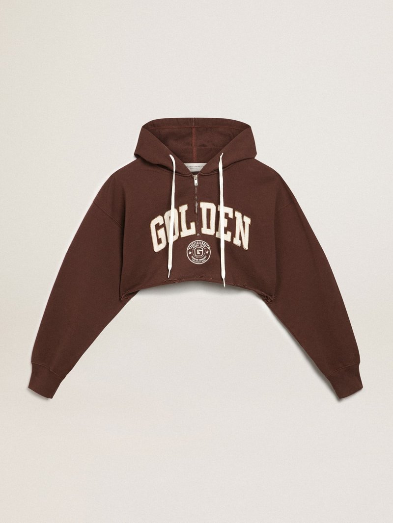 Walnut-brown Journey Collection hooded cropped sweatshirt with contrasting white Golden lettering