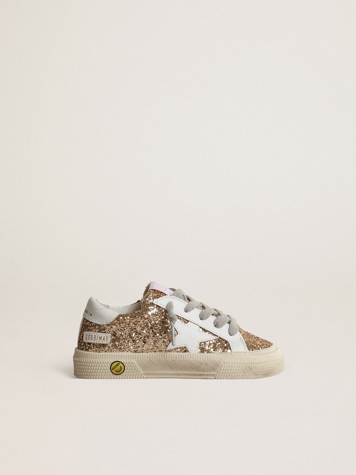 Junior May School in glitter with white star and heel tab